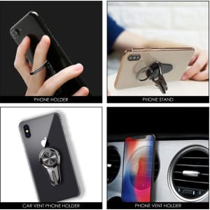 A black car vent phone holder ring, displayed with a smartphone, featuring a sleek design and a logo.