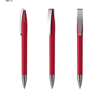 A red plastic pen with a silver clip, featuring a sleek and simple design, shown from multiple angles.