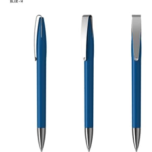A blue plastic pen with a shiny silver clip, displayed from three different angles.