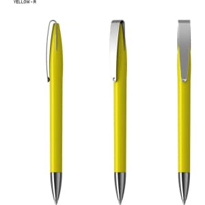A yellow plastic pen with a silver clip, displayed from three angles. Branding is visible on the pen.
