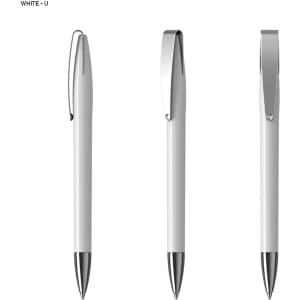 A white plastic pen featuring a silver clip and tip, showcasing multiple angles of the design.