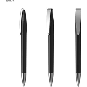 A plastic pen in black, featuring a sleek design and a silver clip, displayed from multiple angles.