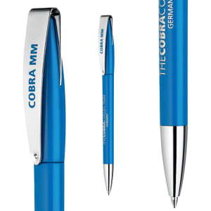 A blue plastic pen with a silver clip and branding on the side. Features a sleek design and glossy finish.