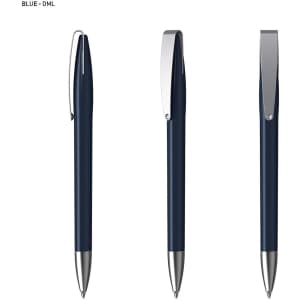 A blue plastic pen with a shiny silver clip, displayed from three angles. It features a sleek design and has a logo.