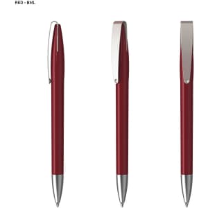 A red plastic pen with a silver clip and metallic accents, displayed from three angles.