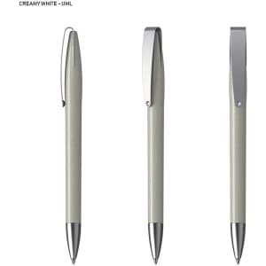 A creamy white plastic pen with a sleek silver clip and tip, featuring three different angles for display.