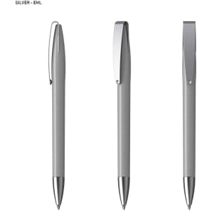 A silver pen with a metallic finish, featuring a sleek design and a clip for easy attachment.