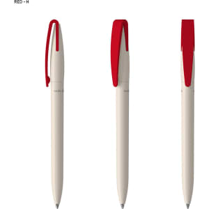 A pen featuring a cream body with a red clip, displayed from multiple angles. It has branding visible.
