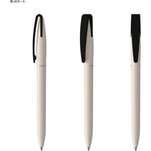 A pen in cream colour featuring a black cap and clip, with a simple design and logo branding.