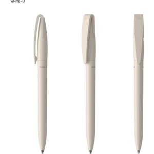 A pen in a soft white colour with a sleek design and a clip, featuring a logo on its side.