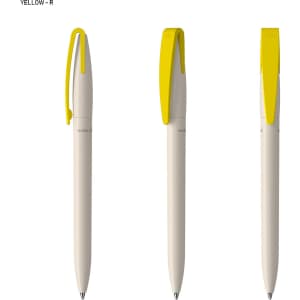 A set of three pens in cream with yellow clips, featuring a logo on the body.