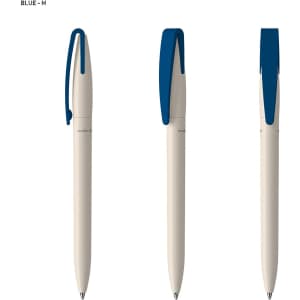 A pen with a cream body and blue accents, featuring a clip and a smooth design. It includes branding.