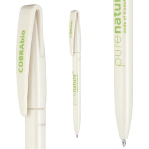 A biodegradable pen in white with green accents, featuring a streamlined design and a clip on the cap.