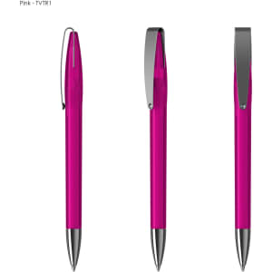 A pink plastic pen with a sleek design and a metallic clip, featuring a shiny silver tip.