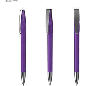 A plastic pen in purple with a silver clip, featuring three angles to showcase its design.