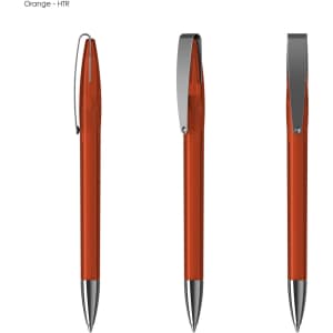An orange plastic pen with a silver clip and a smooth, glossy finish. It features a branded logo.