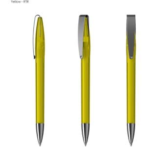 A transparent yellow plastic pen with a silver clip, displayed from three angles.