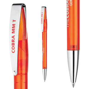 An orange transparent plastic pen with a silver clip and a chrome tip, featuring a logo.