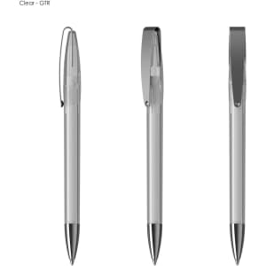 A transparent plastic pen with a silver clip and black ink, shown from multiple angles.