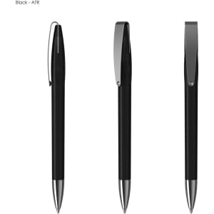 A black plastic pen with a sleek design and metallic clip, featuring three different angles.