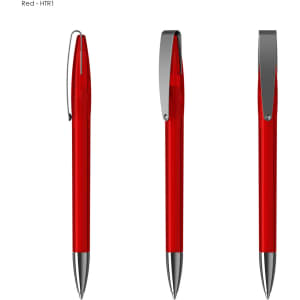 A red plastic pen featuring a sleek design and a silver clip, shown from multiple angles.