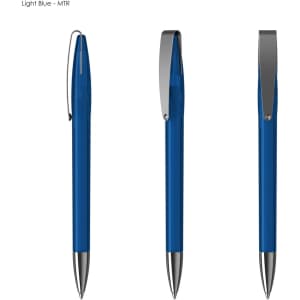 A set of three plastic pens in light blue with silver clips, displayed from different angles.