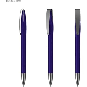 A dark blue plastic pen with a shiny silver clip, displayed from three angles. It has a sleek, streamlined design.
