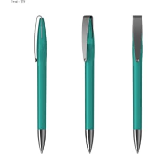 A teal plastic pen with a metallic clip and a shiny silver tip, showcased from three angles.