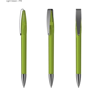 A light green plastic pen with a silver clip, shown from three different angles. The pen has a sleek, transparent design.