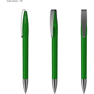 A dark green transparent plastic pen with a chrome clip and silver end. Features three angles for viewing.
