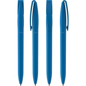 A collection of four blue plastic pens with clips, featuring a logo on each pen.