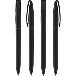Four black plastic pens arranged side by side, featuring a sleek design and clips for easy attachment.