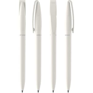 A set of four white plastic pens with clips, featuring a simple design and branding.