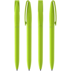 Four bright green plastic pens arranged in a row, featuring a clip and smooth writing tip. Each pen has a simple design.