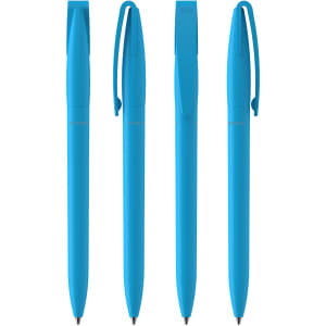 A set of four blue plastic pens with clips and smooth barrel design, featuring a logo on each pen.