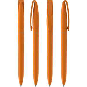 Four orange plastic pens are arranged neatly, each featuring a clip and a smooth barrel design.