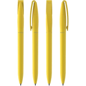 Four yellow plastic pens arranged in a row, featuring a simple design and clips, along with a branding logo.