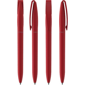 Four red plastic pens with clips, featuring a sleek design. The pens have a uniform colour and a logo on each.