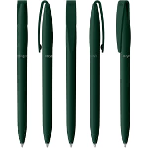A collection of five dark green plastic pens with clips and a logo, designed for recycling.