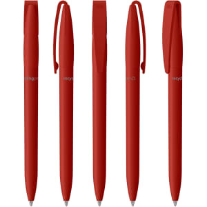 Five red plastic pens lined up, each with a clip and a smooth design, featuring branding on the barrels.