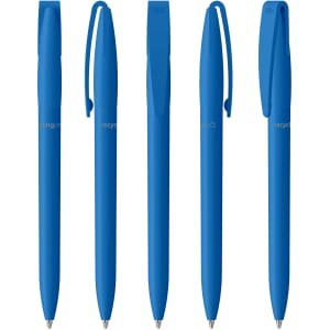 A collection of plastic pens in various shades of blue, featuring a logo and clip design.
