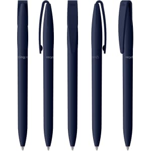 A collection of navy blue plastic pens with clips and a branding logo featured on the side.