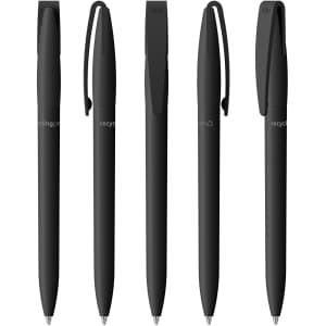 A range of five black plastic pens with clips, featuring a logo on the barrels.