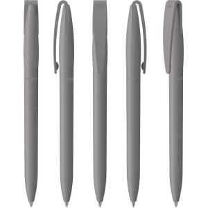 Five grey plastic pens lined up, each with a clip, featuring a minimalist design and a logo on one.