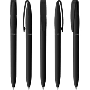 A collection of five black plastic pens with clips, featuring a minimalist design and a logo on some.