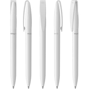 A collection of five white plastic pens, each with a clip, featuring a branding logo.