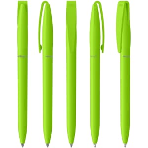 Five bright green plastic pens arranged in a row, each featuring a clip and a logo.