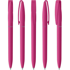 Five pink plastic pens arranged in a row, each with a clip and a branding logo on the barrel.