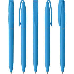 Five blue plastic pens with a smooth finish and clips, featuring a logo on each pen.
