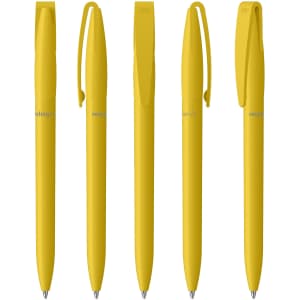 A collection of five yellow plastic pens with a clip, featuring a branding logo on each pen.